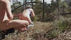 French milf slut gets bent over and fucked doggystyle in forest with cum in mouth