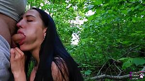 Young black haired brunette wife with long hair sucks fat big cock in nature forest until cum in mouth fucking