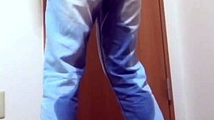 Girl pees in jeans while brother uses bathroom