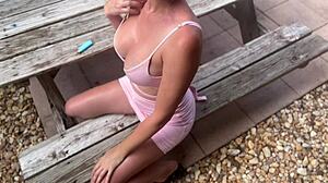 italian big tits milf artemisia love flashes her shaved pussy outdoor in a horny solo session with mother-in-law vibes.