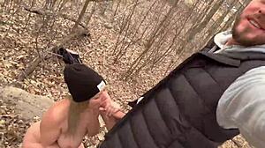Teen strips naked and fucks in forest