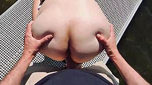 This couple almost gets caught fucking with big cock blowjob and natural tits outdoor at the lake