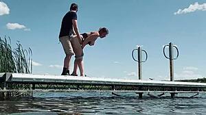 This couple almost gets caught fucking with big cock blowjob and natural tits outdoor at the lake