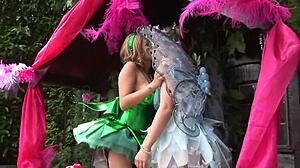 Cosplay orgy outdoors with ripped clothes and dripping wet pussies.