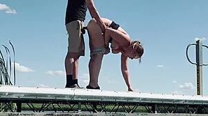 This couple almost gets caught fucking with big cock blowjob and natural tits outdoor at the lake