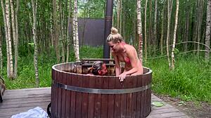 Come on, let's have outdoor sex in this hot bath, says the cute blonde taking my big cock.
