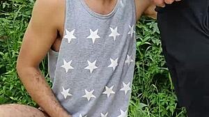 In the field, she sucked the endowed farmer while his friend filmed the public act.