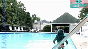 i'm lana lava flashing my big tits poolside, masturbating with dildo