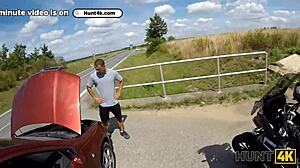 Bike ride turns into outdoor deepthroat sex with biker babe's shaved pussy