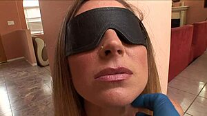 devon lee, white slut, gets blindfolded blowjob and facial from big black cock.