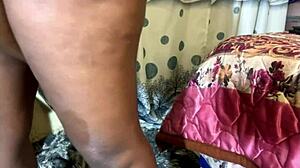 Thick ebony woman with big boobs and huge ass riding confidently.