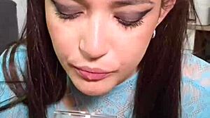 brunette with big ass eats junk food then pukes it all up in fetish solo.