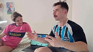 After the football loss, she won the bet and made him eat her pussy. Then she blew his big cock for a facial.