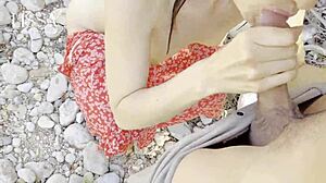 Couple walks outdoors for sex, interrupted, then blowjob and cum on ass