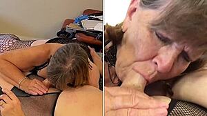 Deep throating granny Carmen suggests hardcore cock sucking.