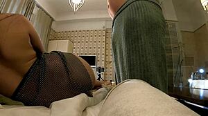 big tits brunette teases guy with see through dress