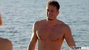 Stunning redhead Dolly Dyson bends over for anal double penetration with cowgirl riding and ass to mouth action leading to intense orgasm