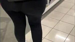 Flashing my ass in see-through leggings at public store gets me horny. I masturbate with toys in the restroom as slutty Latina amateur.