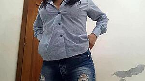 Excited secretary touches herself in boss's office waiting for clients