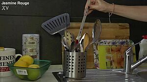 Blonde housewife loses control in kitchen