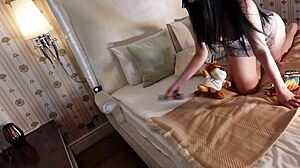 big tits brunette teases guy with see through dress