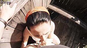 Risky Outdoor Facefuck and Cum in Throat at Hunting Tower