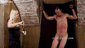 Watch this cruel blonde milf whip his cock?