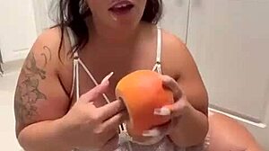 Watch this curvy BBW enjoy fruit fetish fun