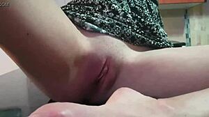 Smoking Cigarette While Flashing Pussy Upskirt on Kitchen Desk