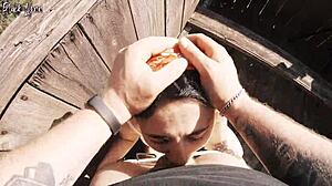 Risky Outdoor Facefuck and Cum in Throat at Hunting Tower