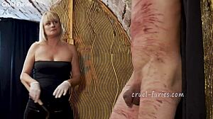 Watch this cruel blonde milf whip his cock?