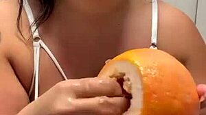 Watch this curvy BBW enjoy fruit fetish fun