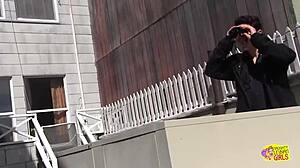 blonde with big tits handcuffs her brunette lesbian friend and fucks her with strapon