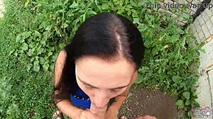 horny student slut with big cock gives public blowjob to young 18+ neighbor behind garages in amateur sex scene