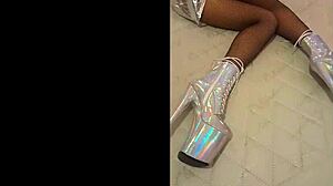 Total Silver And Fishnet Pantyhose With Beautiful Ankle Boots And Very High Heels