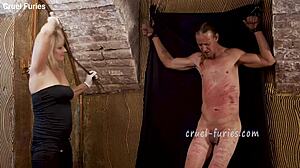 Watch this cruel blonde milf whip his cock?