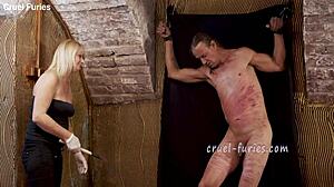 Watch this cruel blonde milf whip his cock?