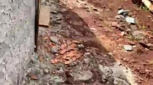 Young brunette leaves school for street encounter with construction worker.