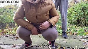 depraved curvy milf in leggings squats and pisses publicly