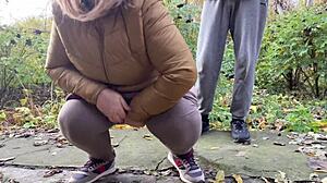 depraved curvy milf in leggings squats and pisses publicly