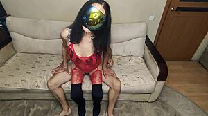 Skinny milf neighbor in erotic costume for homemade video