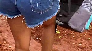 Young brunette leaves school for street encounter with construction worker.