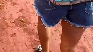 Young brunette leaves school for street encounter with construction worker.