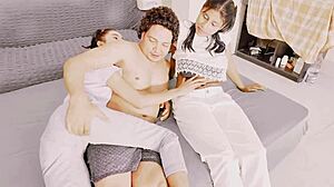 Uttaran20 - brunette skinny babe feels intense pleasure in threesome with big cock sucking and riding