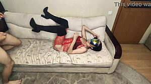 Skinny milf neighbor in erotic costume for homemade video