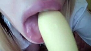 Blonde femdom gets cum on lip after dildo play