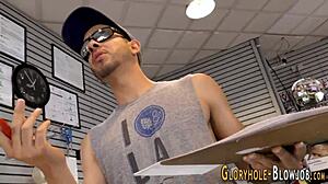 that dirty skank is blowing that hard black dick so good at the gloryhole