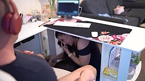 Naughty secretary sucks boss's cock on zoom, swallows cum in mouth