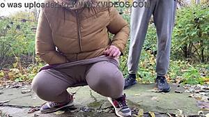 depraved curvy milf in leggings squats and pisses publicly