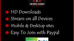 Mistress Tangent engages in femdom domination, dangling her sub while spanking, whipping with strapon in BDSM.